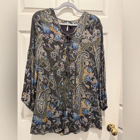 Free People Blue and White Mini Sundress with Bishop Sleeves - Picture 3 of 10